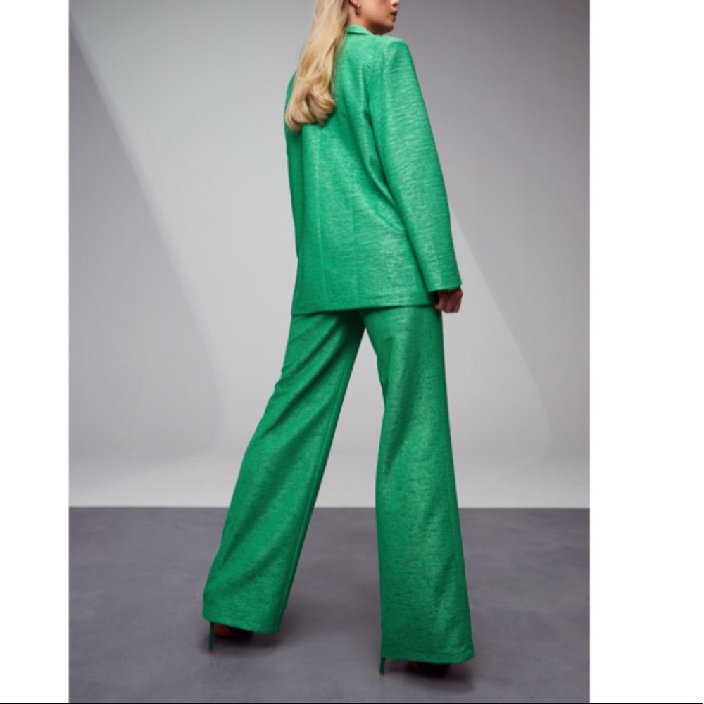 Bright Green Textured Wide Leg Trousers